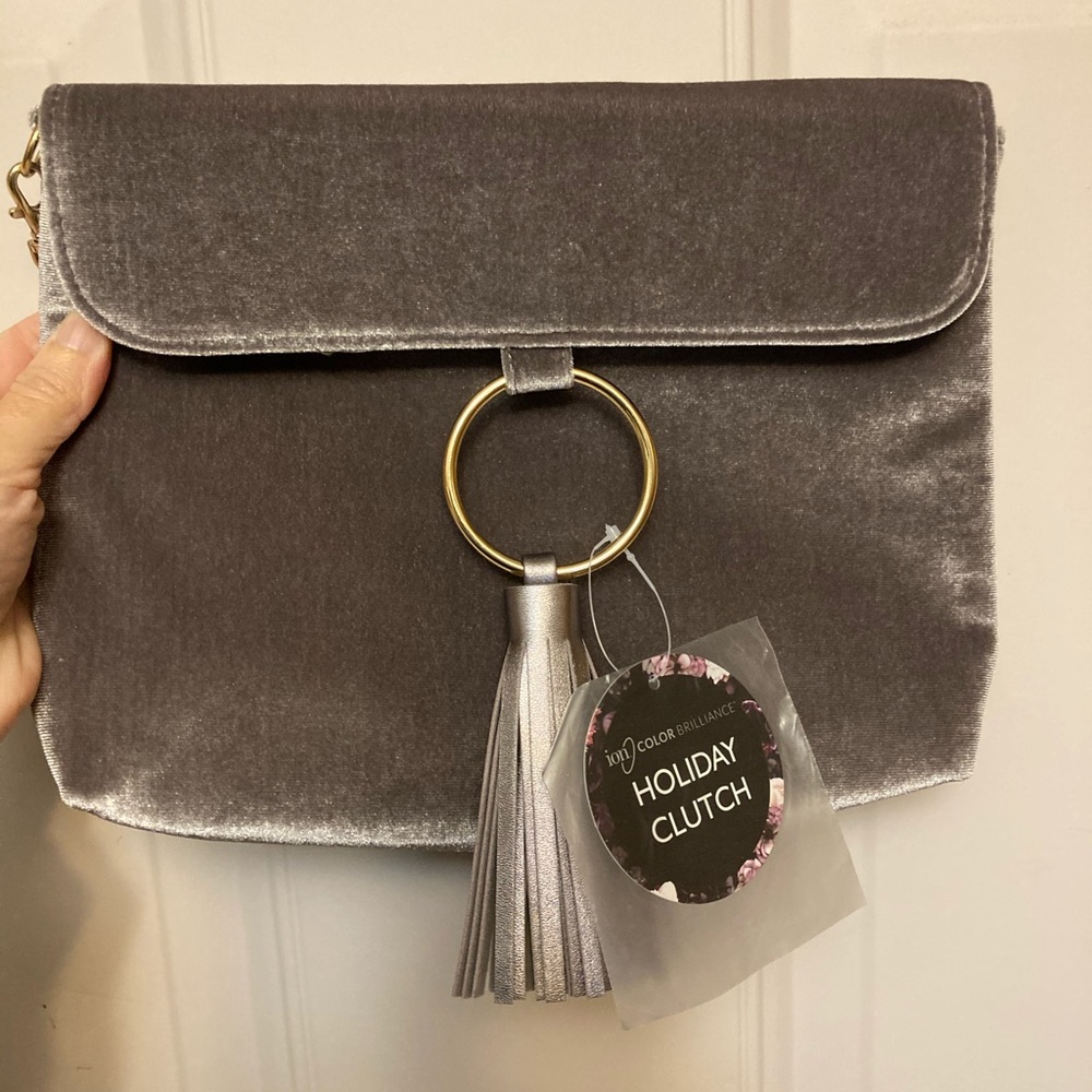 Holiday Clutch Purse Velvet Tassel Soft Grey Gold